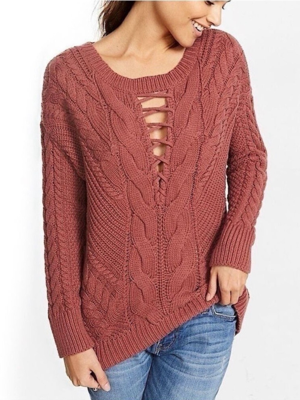 Express Lace-Up Inset Cable Knit Sweater
